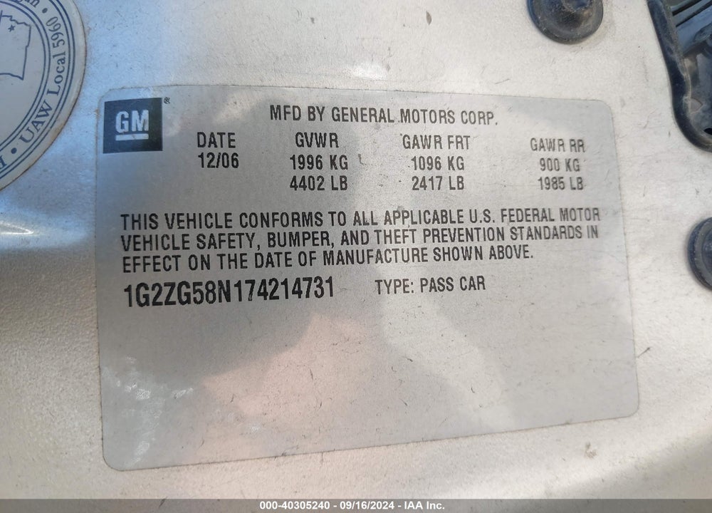 2007 PONTIAC G6 VIN: 1G2ZG58N174214731