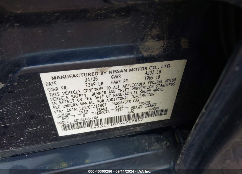 2006 NISSAN ALTIMA 2.5 S VIN: 1N4AL11D76C217867