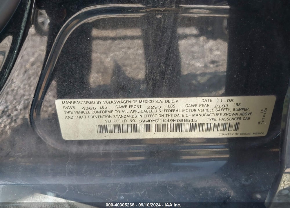 2009 VOLKSWAGEN JETTA SE VIN: 3VWRM71K49M088515