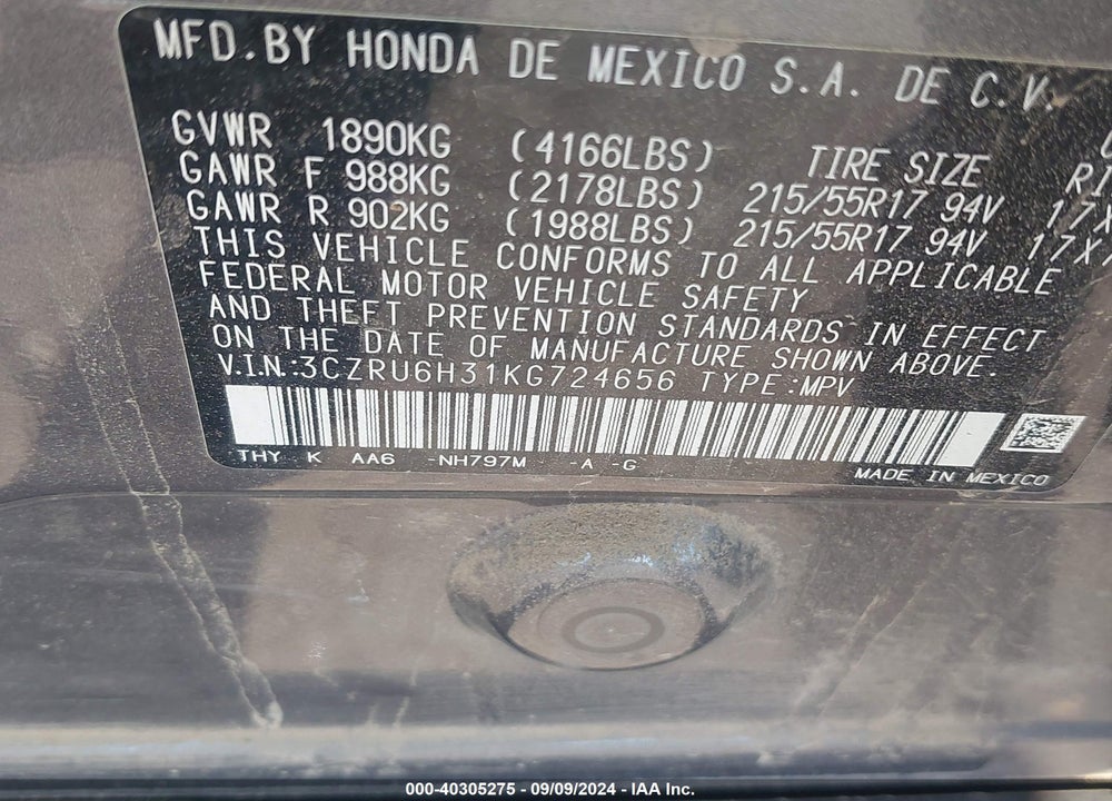 2019 HONDA HR-V VIN: 3CZRU6H31KG724656