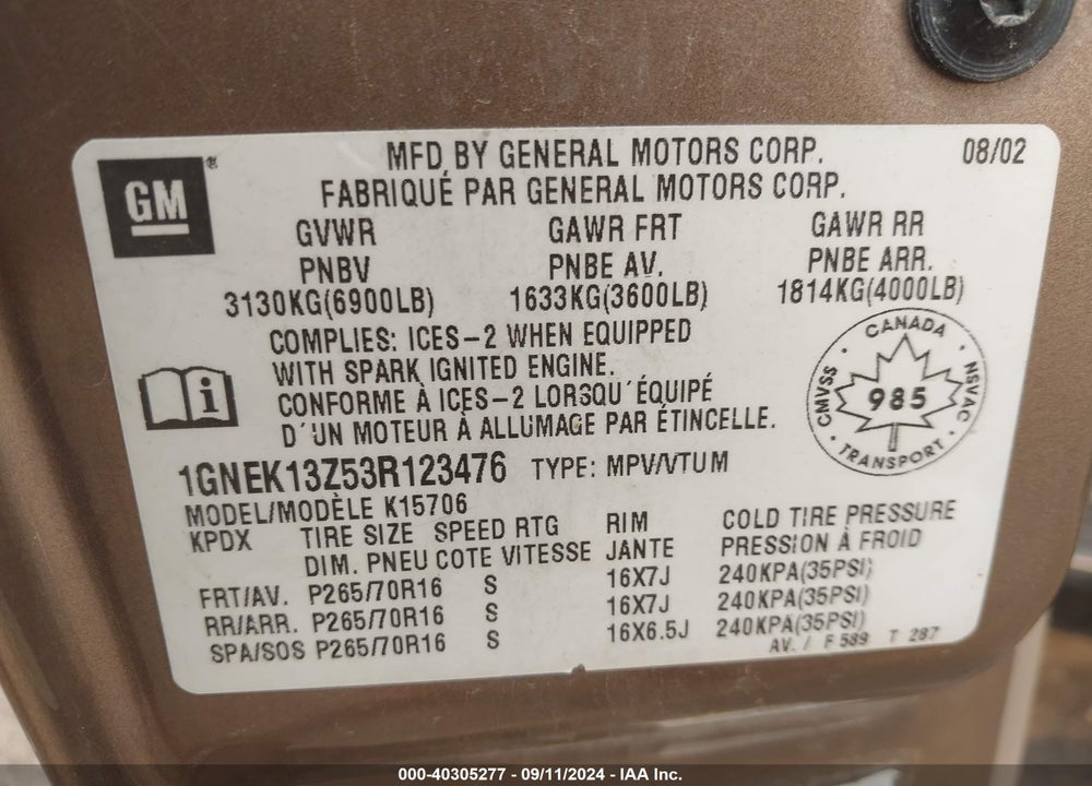 2003 CHEVROLET TAHOE LS/LT/Z71 VIN: 1GNEK13Z53R123476