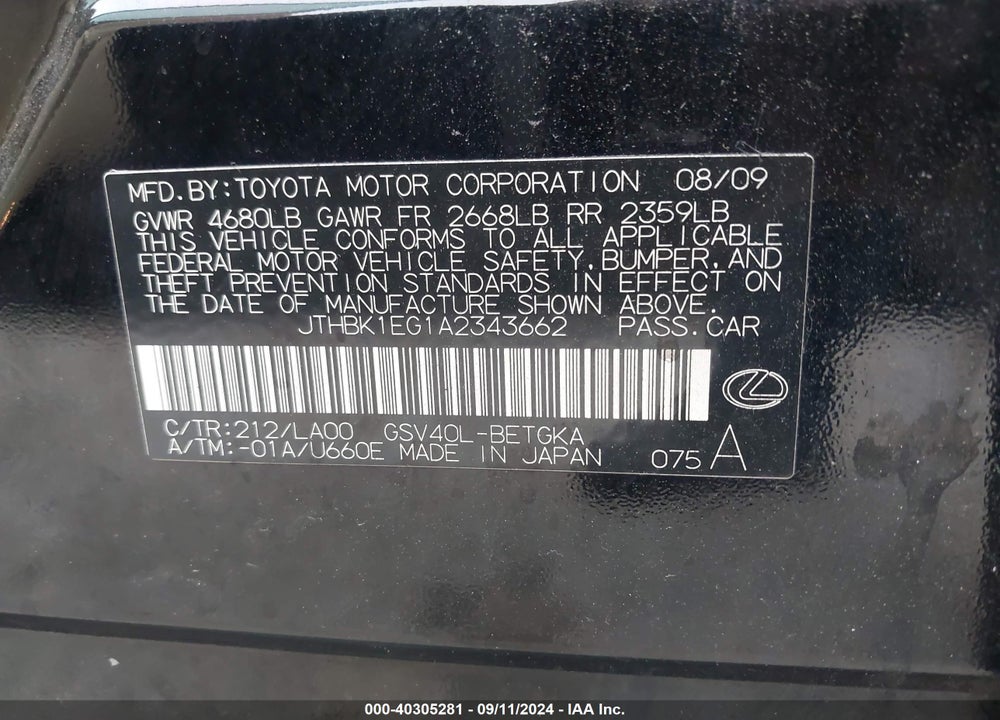 2010 LEXUS ES 350 VIN: JTHBK1EG1A2343662
