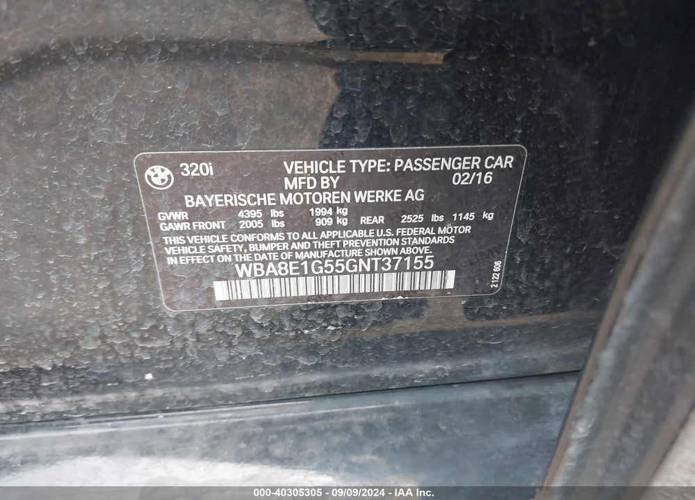2016 BMW 320I VIN: WBA8E1G55GNT37155