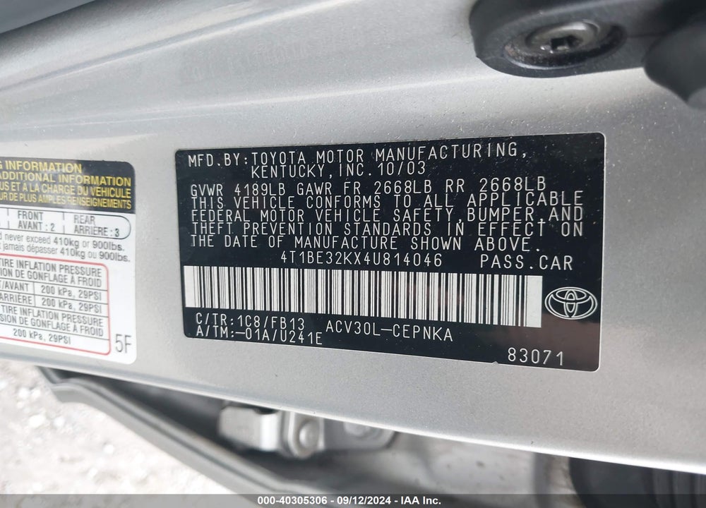 2004 TOYOTA CAMRY LE VIN: 4T1BE32KX4U814046