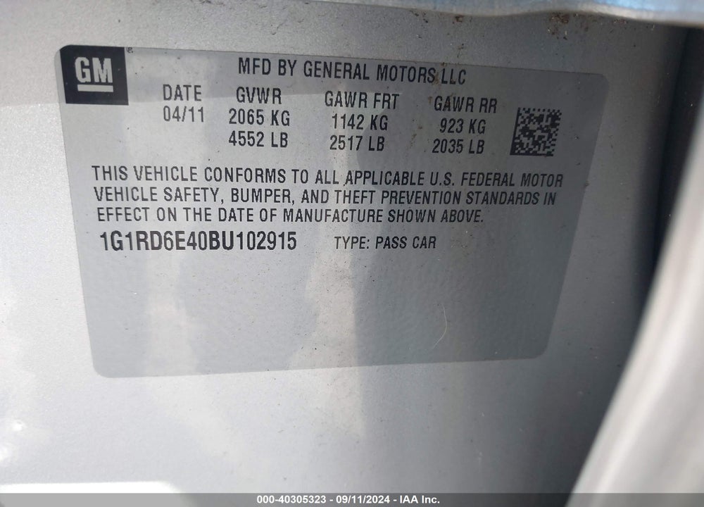 2011 CHEVROLET VOLT VIN: 1G1RD6E40BU102915