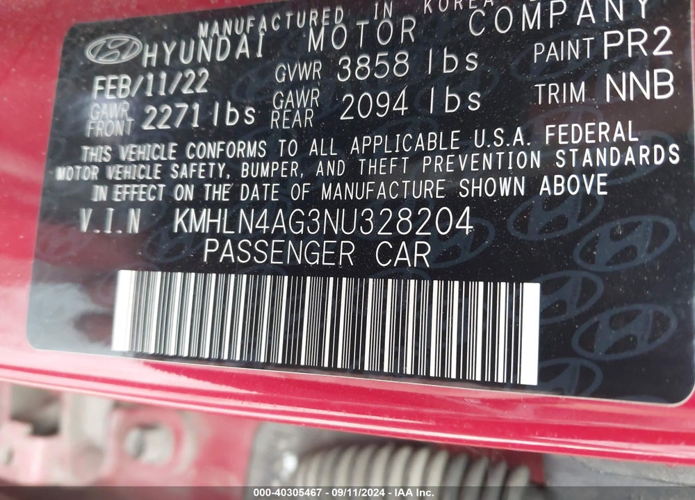 2022 HYUNDAI ELANTRA SEL VIN: KMHLN4AG3NU328204
