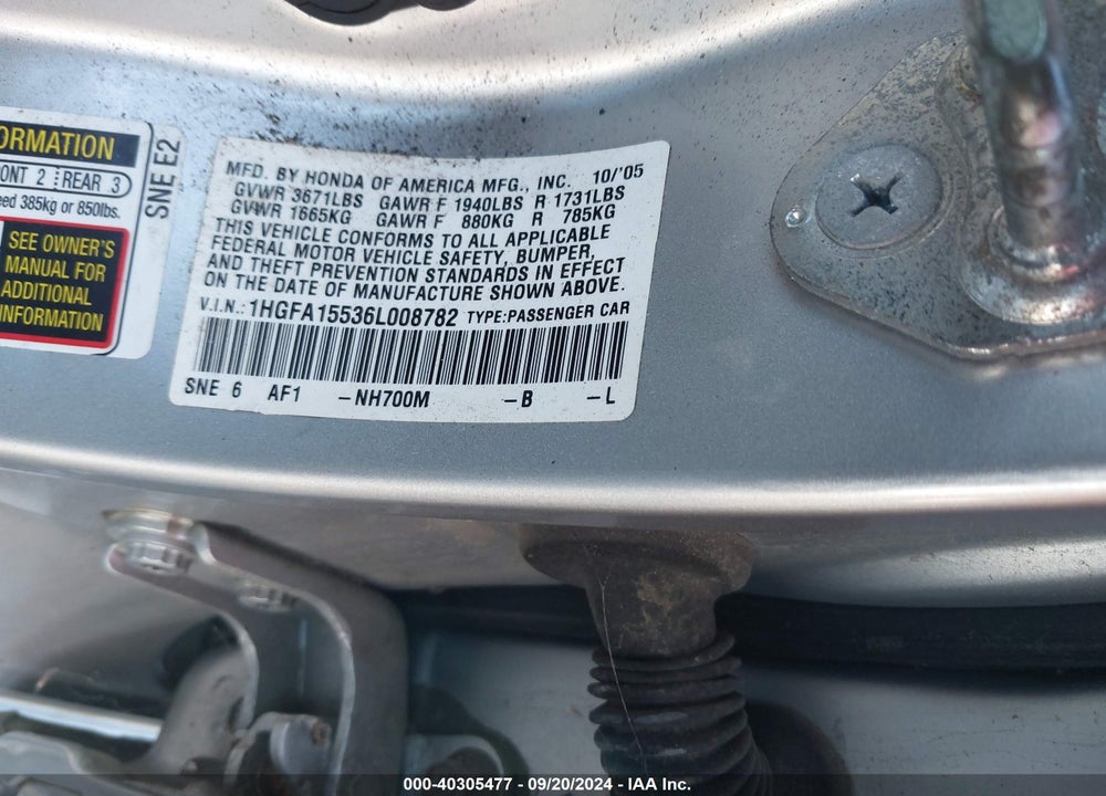 2006 HONDA CIVIC LX VIN: 1HGFA15536L008782