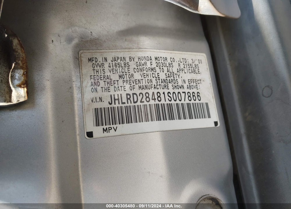 2001 HONDA CR-V LX VIN: JHLRD28481S007866