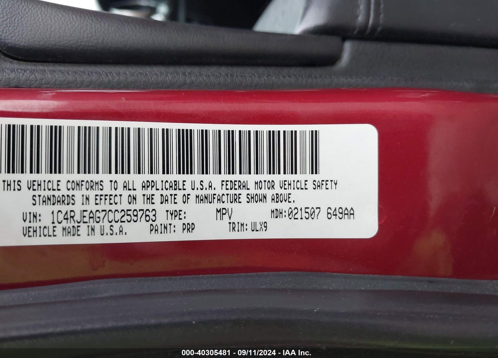 2012 JEEP GRAND CHEROKEE LAREDO VIN: 1C4RJEAG7CC259763