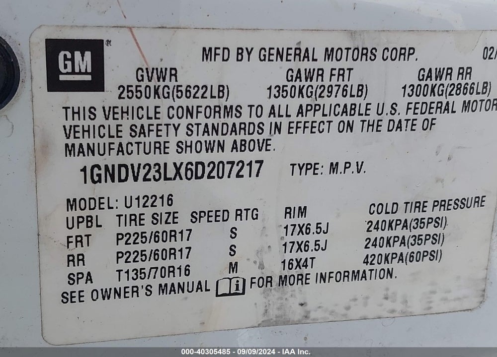 2006 CHEVROLET UPLANDER LS VIN: 1GNDV23LX6D207217