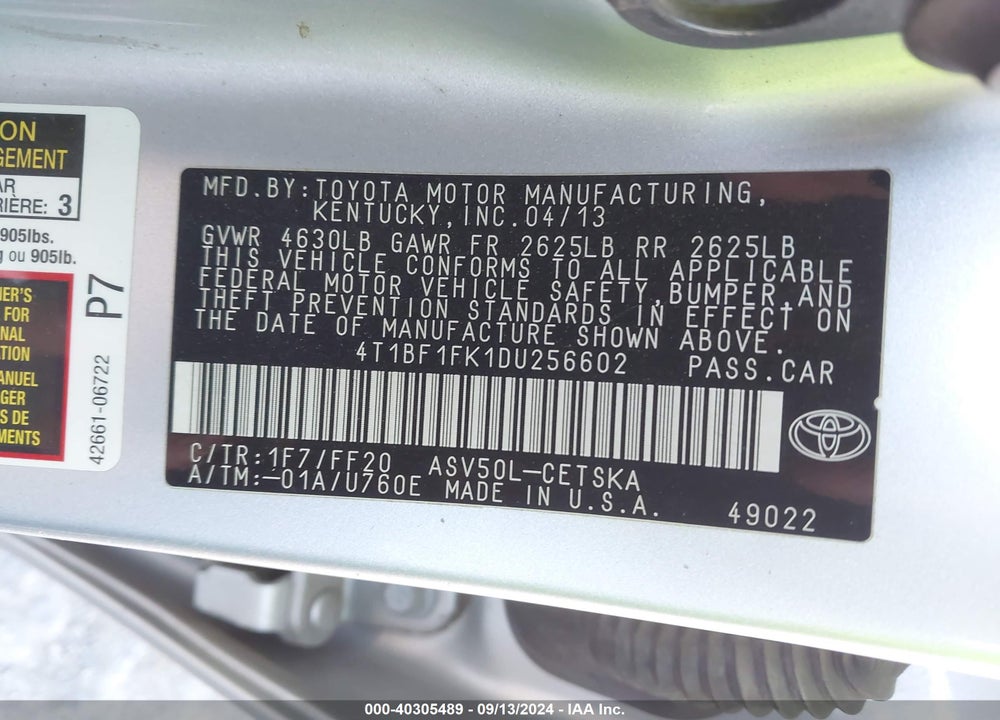 2013 TOYOTA CAMRY SE VIN: 4T1BF1FK1DU256602