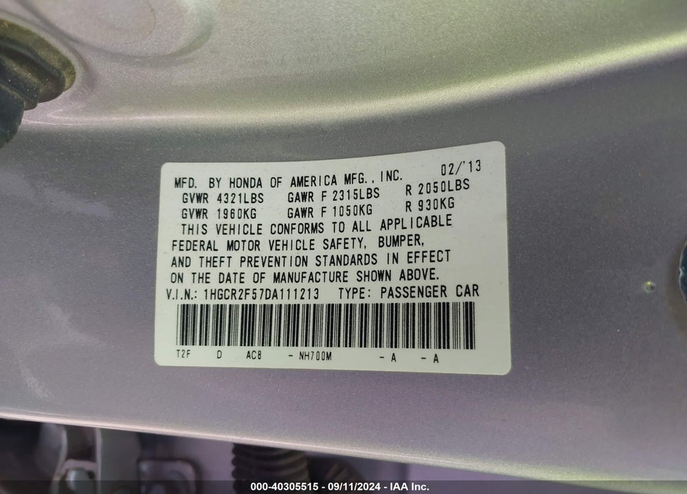 2013 HONDA ACCORD SPORT VIN: 1HGCR2F57DA111213