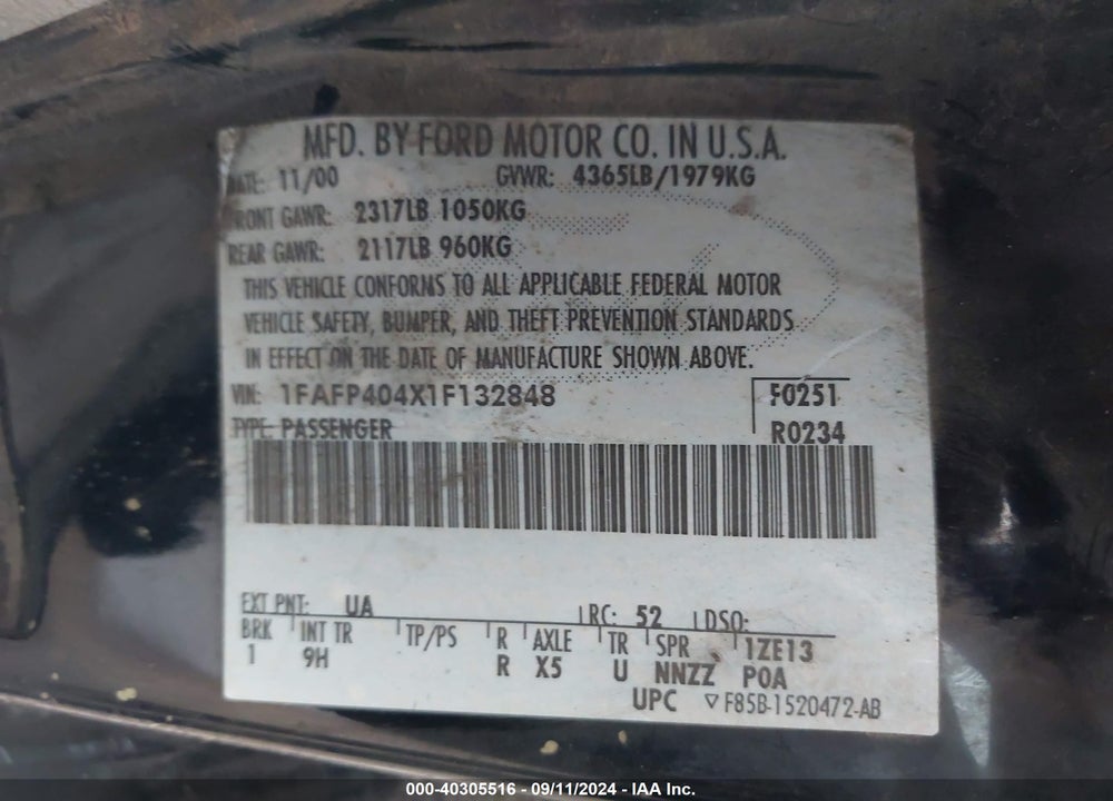 2001 FORD MUSTANG VIN: 1FAFP404X1F132848