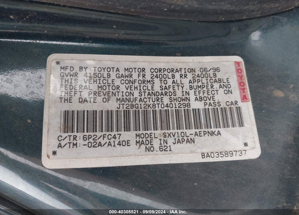 1996 TOYOTA CAMRY DX/LE/XLE VIN: JT2BG12K8T0401298