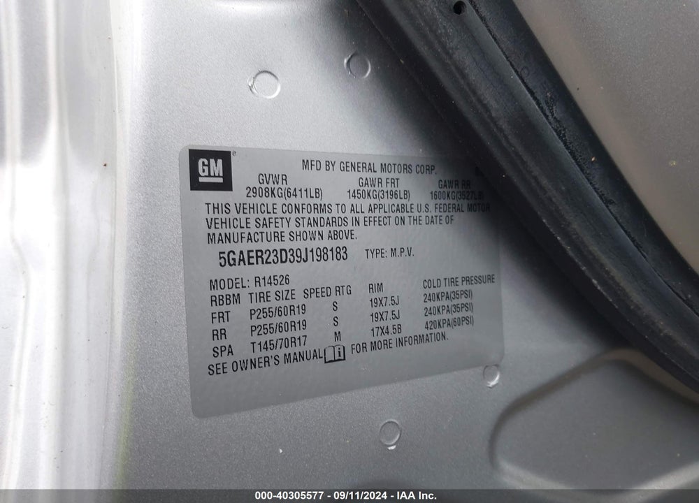 2009 BUICK ENCLAVE CXL VIN: 5GAER23D39J198183