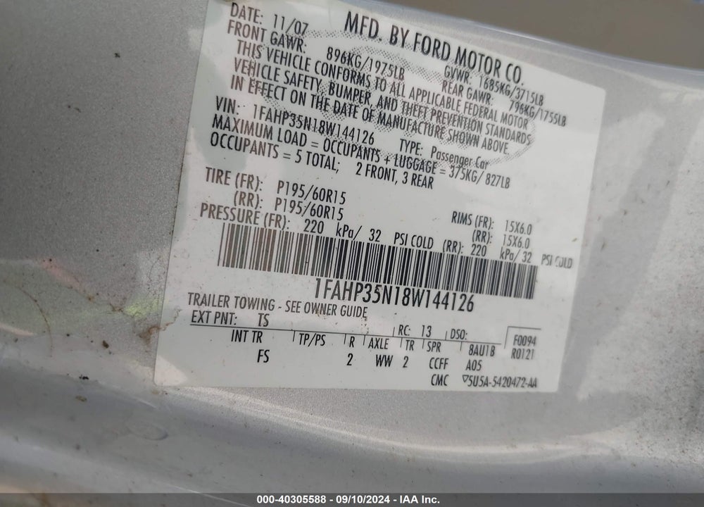 2008 FORD FOCUS SE/SES VIN: 1FAHP35N18W144126