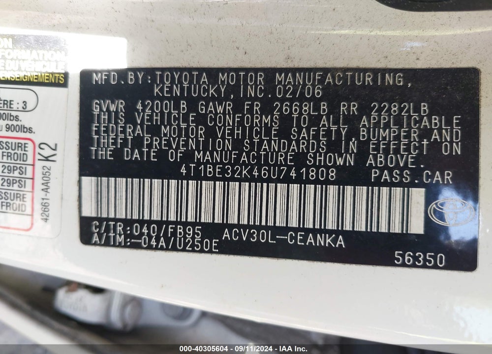 2006 TOYOTA CAMRY LE VIN: 4T1BE32K46U741808
