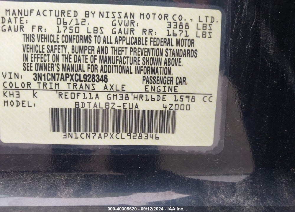 2012 NISSAN VERSA 1.6 SV VIN: 3N1CN7APXCL928346