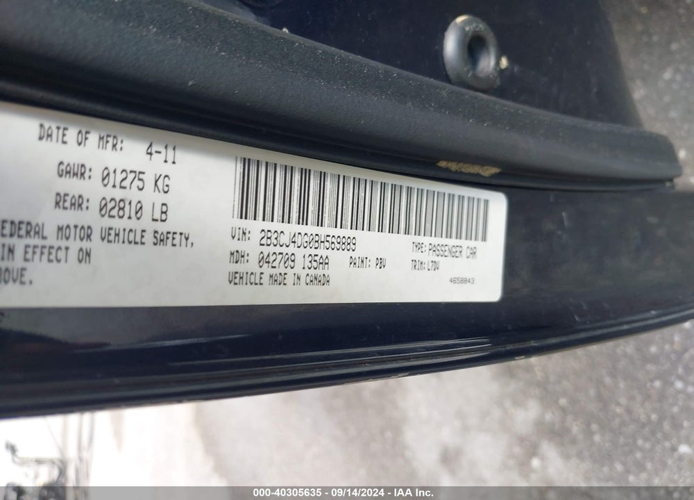 2011 DODGE CHALLENGER VIN: 2B3CJ4DG0BH569889