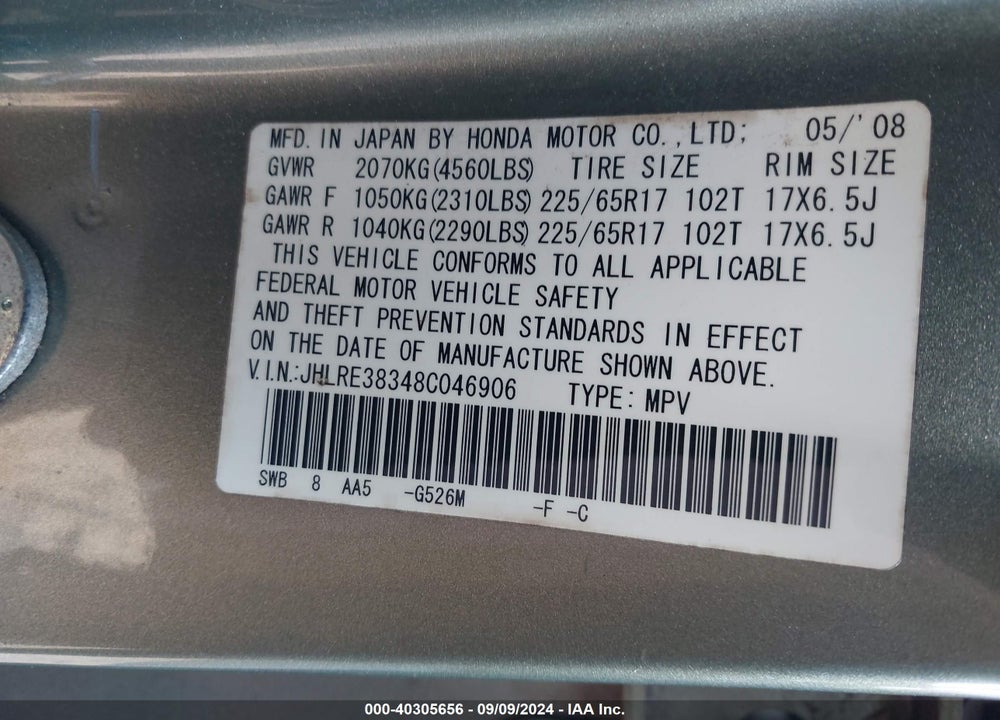 2008 HONDA CR-V LX VIN: JHLRE38348C046906