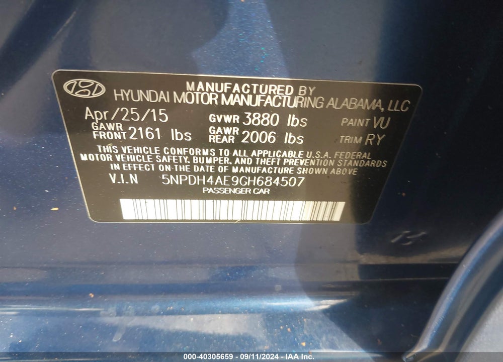 2016 HYUNDAI ELANTRA VALUE EDITION VIN: 5NPDH4AE9GH684507