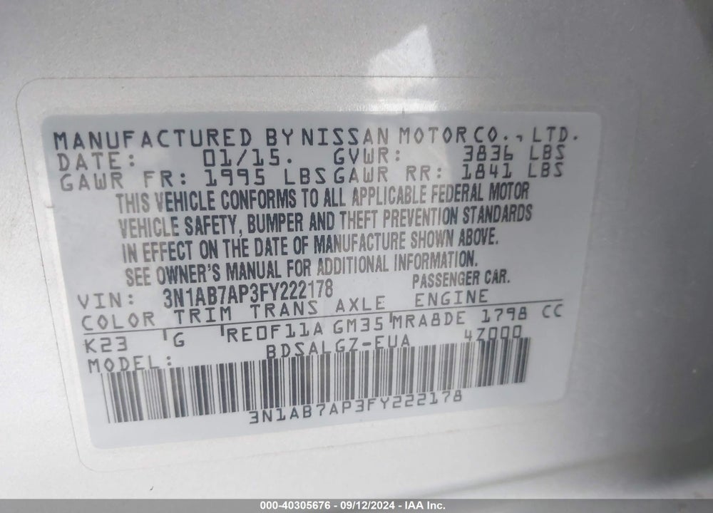 2015 NISSAN SENTRA SL VIN: 3N1AB7AP3FY222178