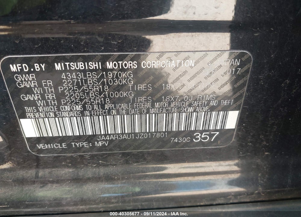 2018 MITSUBISHI OUTLANDER SPORT 2.0 ES VIN: JA4AR3AU1JZ017801