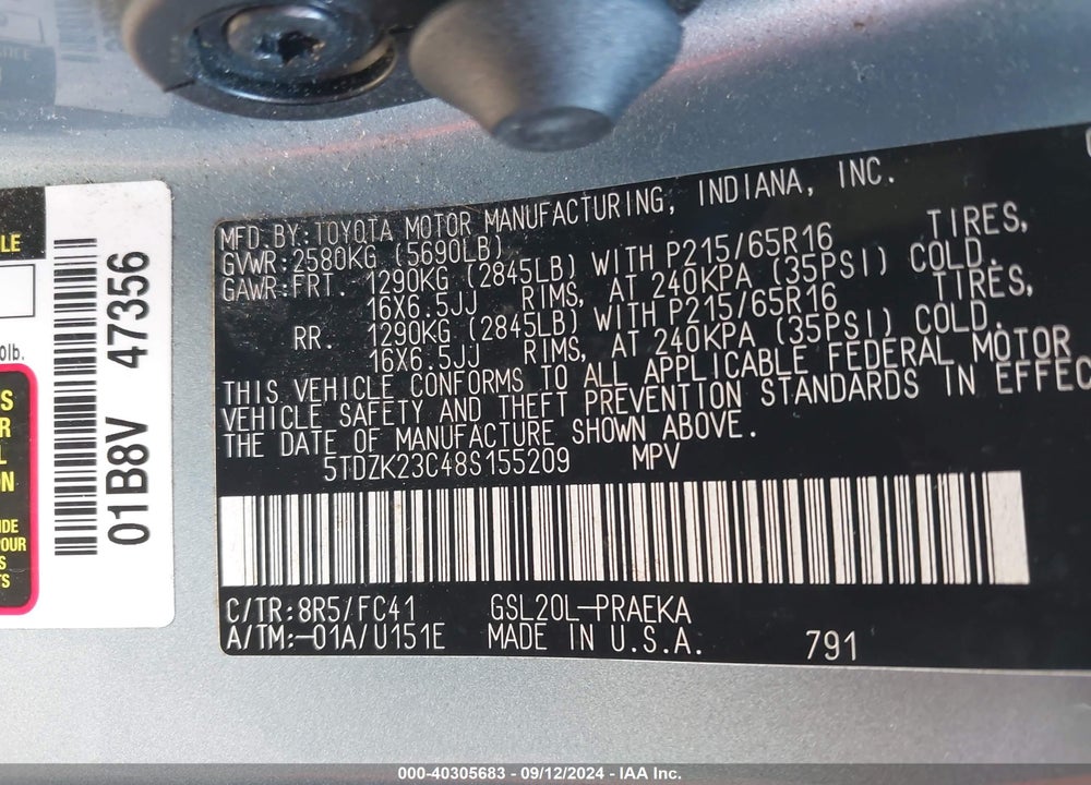 2008 TOYOTA SIENNA LE VIN: 5TDZK23C48S155209