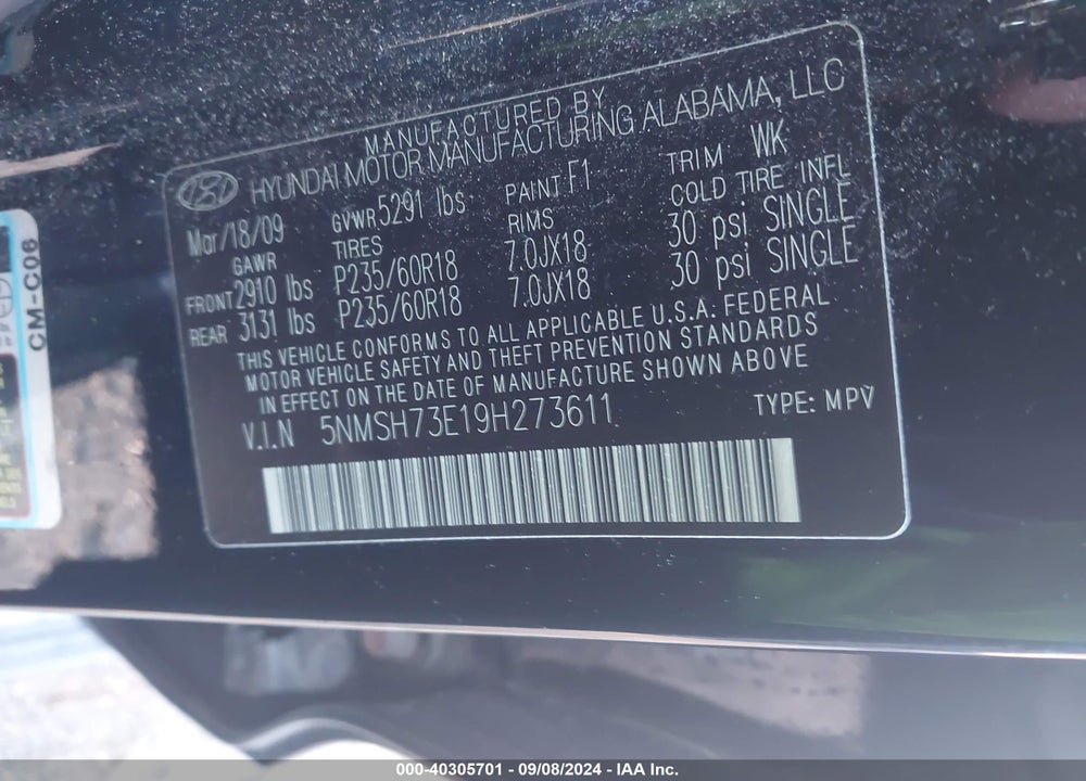 2009 HYUNDAI SANTA FE LIMITED VIN: 5NMSH73E19H273611