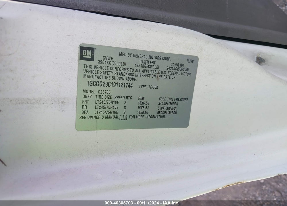 2009 CHEVROLET EXPRESS 2500 WORK VAN VIN: 1GCGG29C191121744