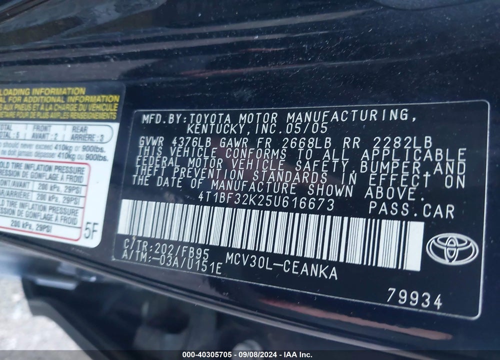 2005 TOYOTA CAMRY LE V6 VIN: 4T1BF32K25U616673