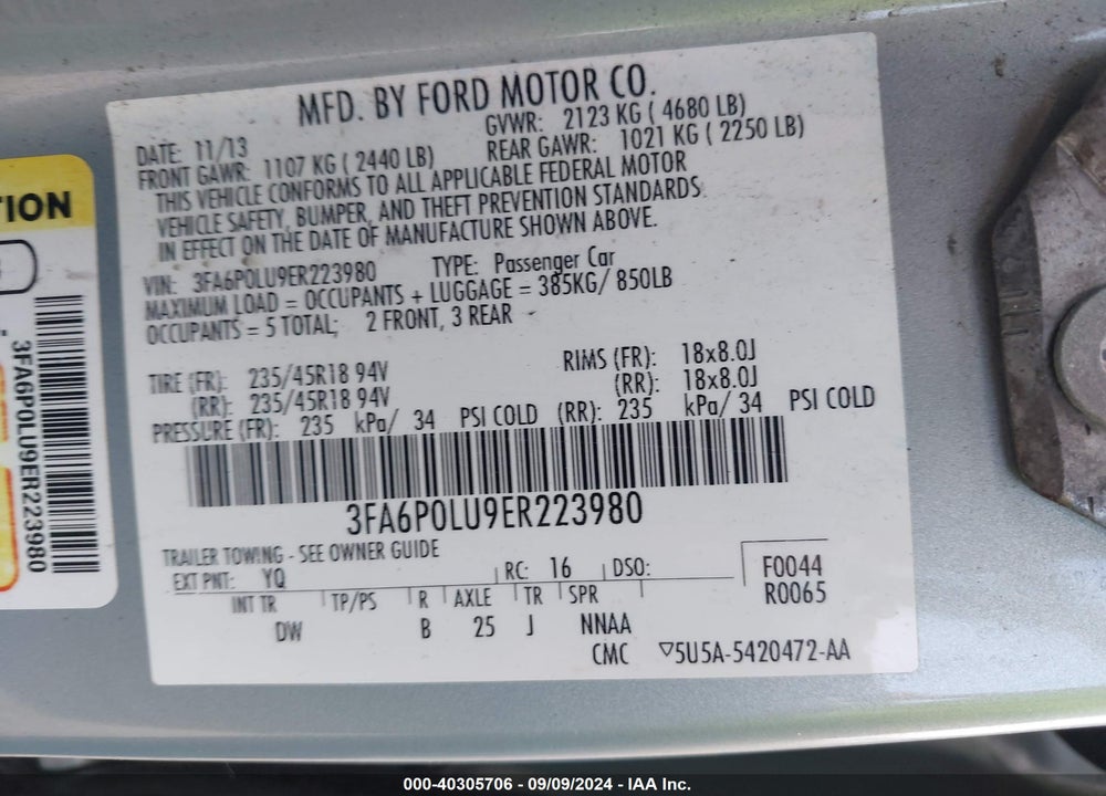 2014 FORD FUSION HYBRID SE VIN: 3FA6P0LU9ER223980