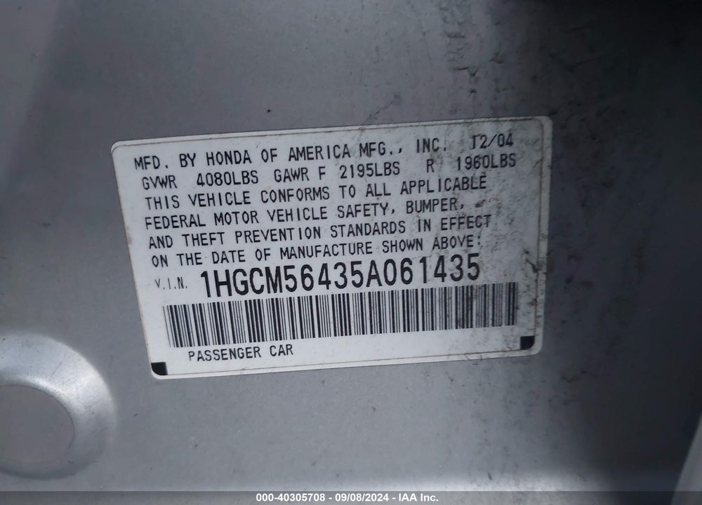 2005 HONDA ACCORD VIN: 1HGCM56435A061435