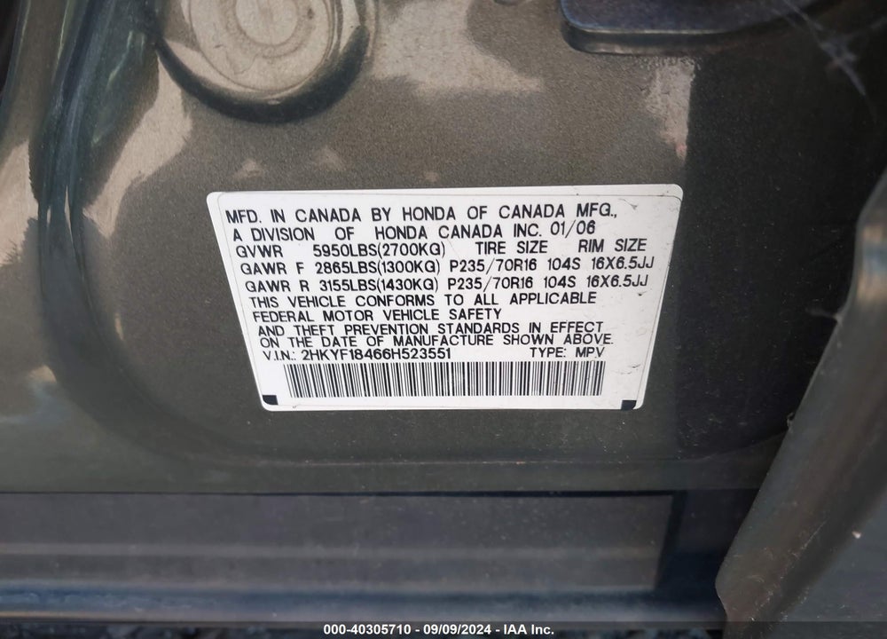 2006 HONDA PILOT EX VIN: 2HKYF18466H523551