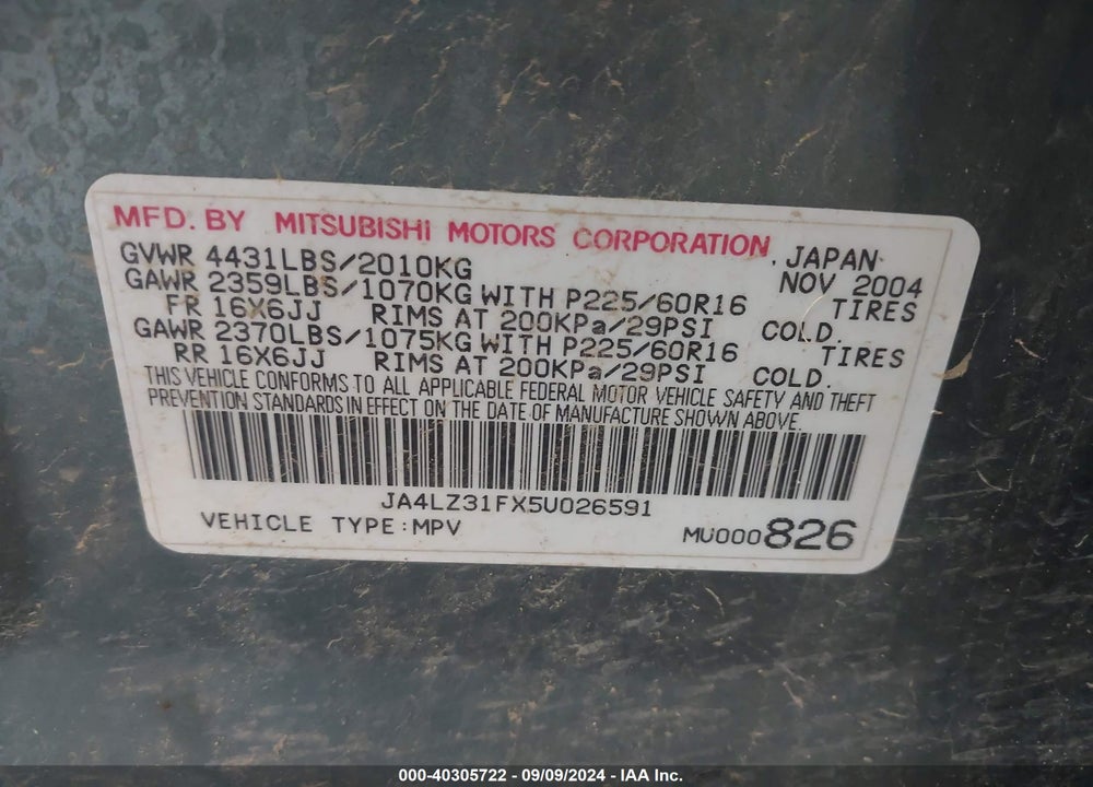 2005 MITSUBISHI OUTLANDER LS VIN: JA4LZ31FX5U026591
