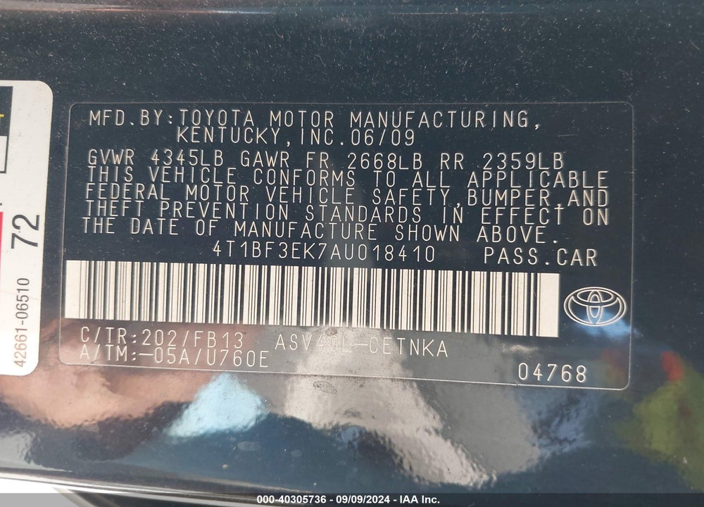 2010 TOYOTA CAMRY LE VIN: 4T1BF3EK7AU018410
