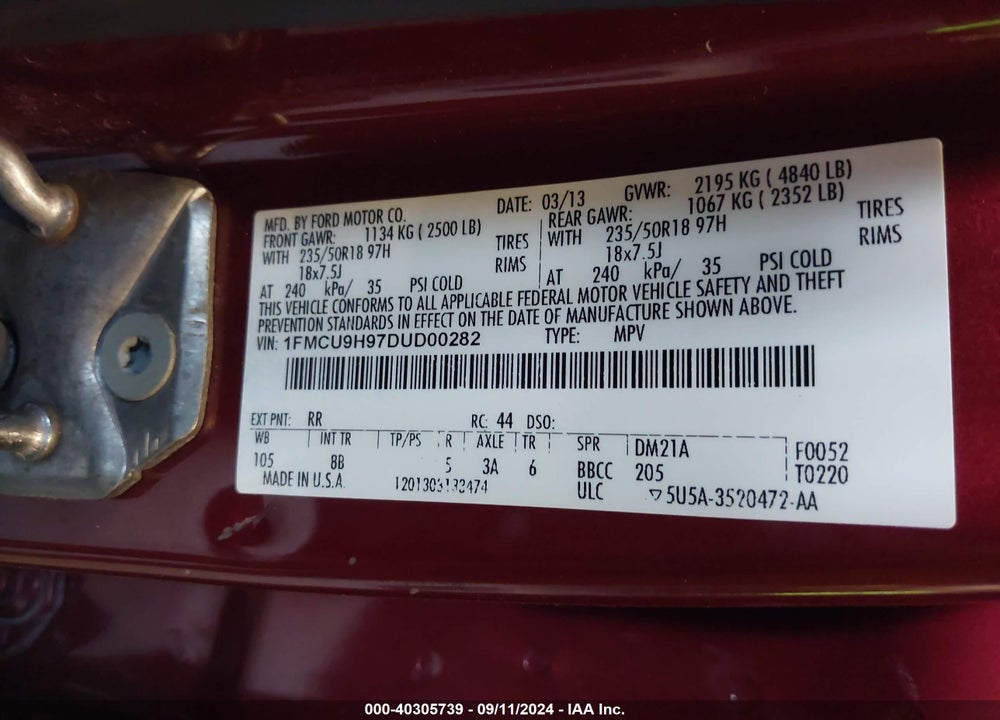 2013 FORD ESCAPE SEL VIN: 1FMCU9H97DUD00282
