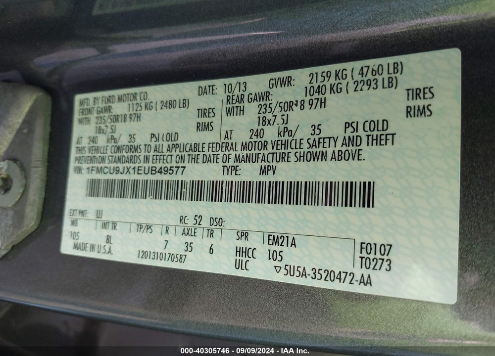 2014 FORD ESCAPE TITANIUM VIN: 1FMCU9JX1EUB49577