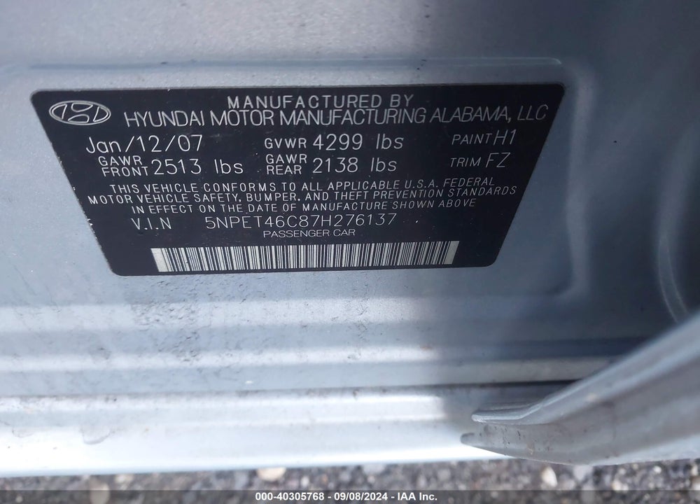 2007 HYUNDAI SONATA GLS VIN: 5NPET46C87H276137