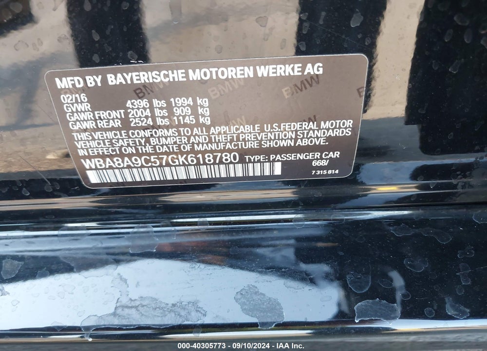 2016 BMW 320I VIN: WBA8A9C57GK618780
