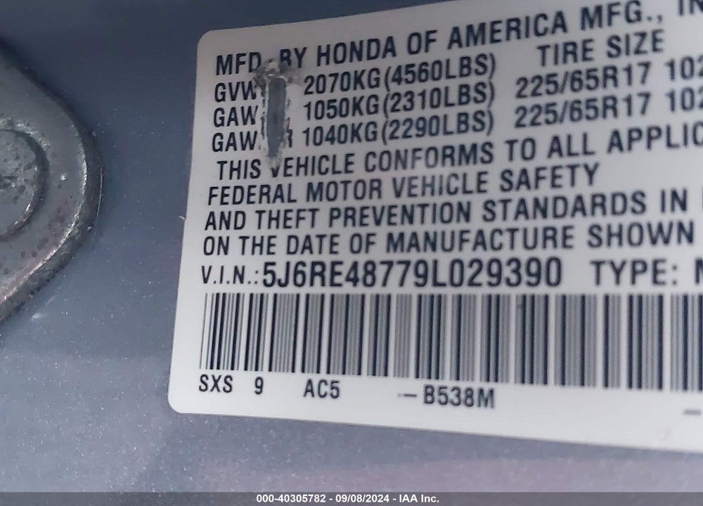 2009 HONDA CR-V EX-L VIN: 5J6RE48779L029390