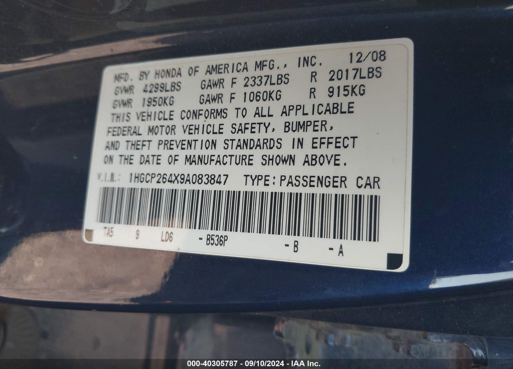 2009 HONDA ACCORD 2.4 LX-P VIN: 1HGCP264X9A083847