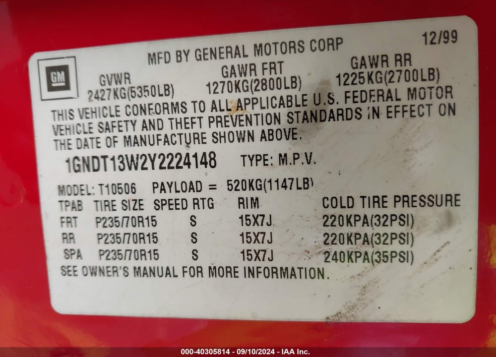 2000 CHEVROLET BLAZER LS VIN: 1GNDT13W2Y2224148