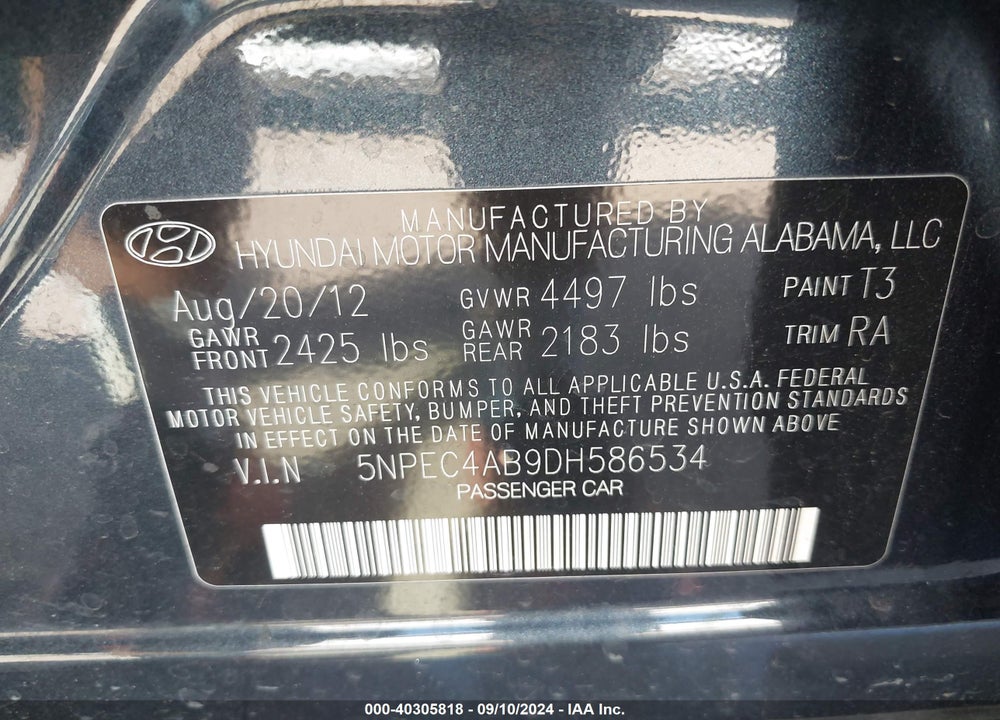 2013 HYUNDAI SONATA LIMITED 2.0T VIN: 5NPEC4AB9DH586534