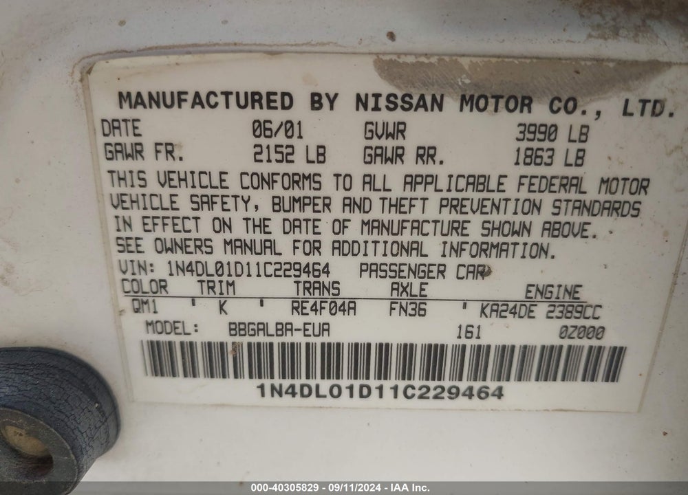 2001 NISSAN ALTIMA GXE VIN: 1N4DL01D11C229464