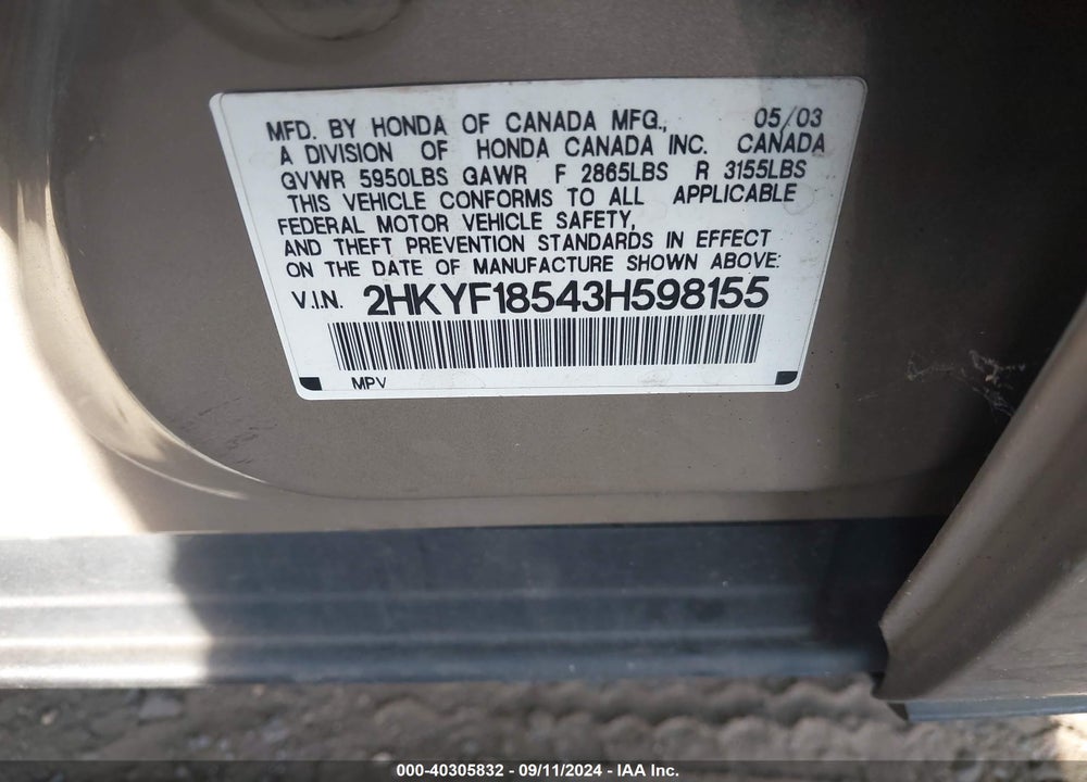 2003 HONDA PILOT EX-L VIN: 2HKYF18543H598155