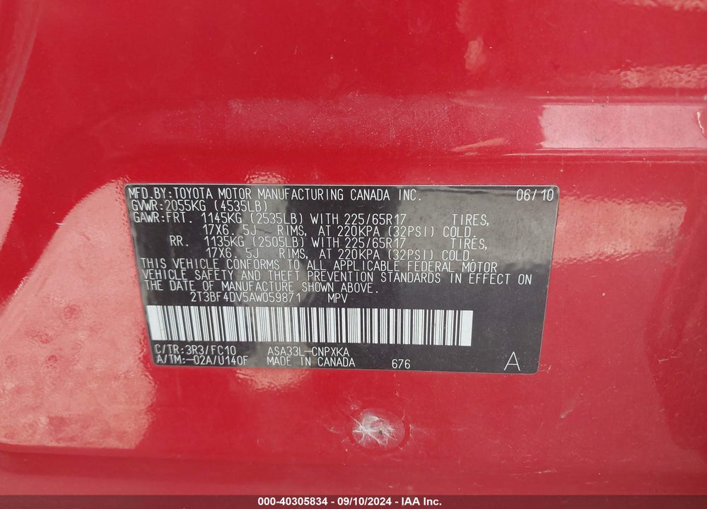 2010 TOYOTA RAV4 VIN: 2T3BF4DV5AW059871