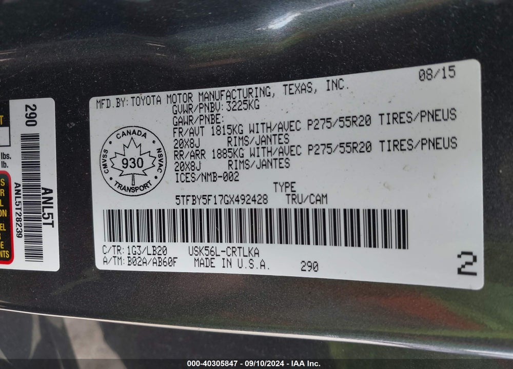 2016 TOYOTA TUNDRA LIMITED 5.7L V8 VIN: 5TFBY5F17GX492428