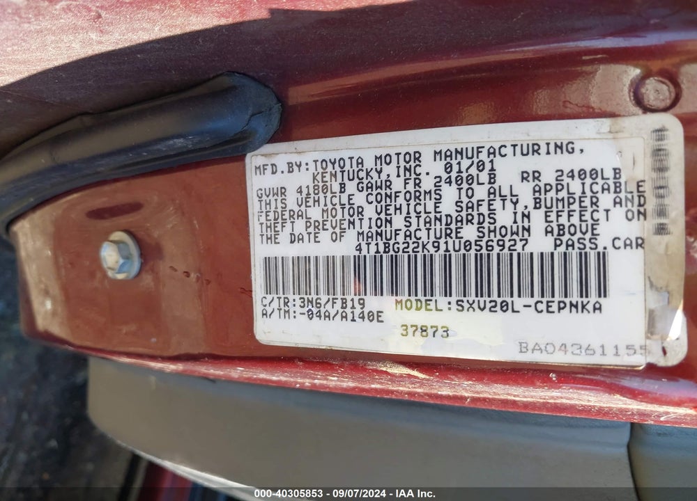 2001 TOYOTA CAMRY LE VIN: 4T1BG22K91U056927