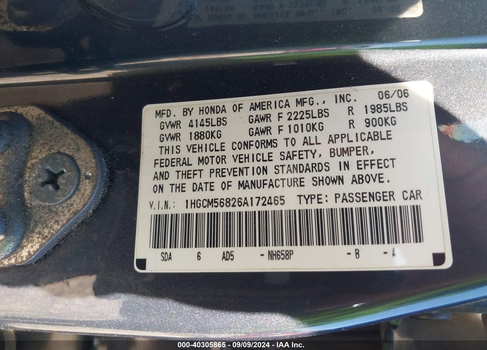 2006 HONDA ACCORD 2.4 EX VIN: 1HGCM56826A172465